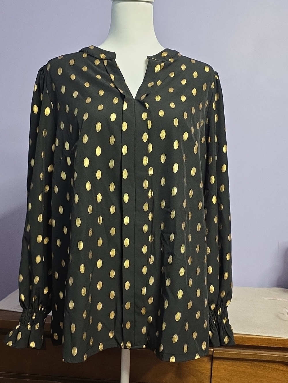 SHEIN Black Blouse with Gold Polka Dot Detail